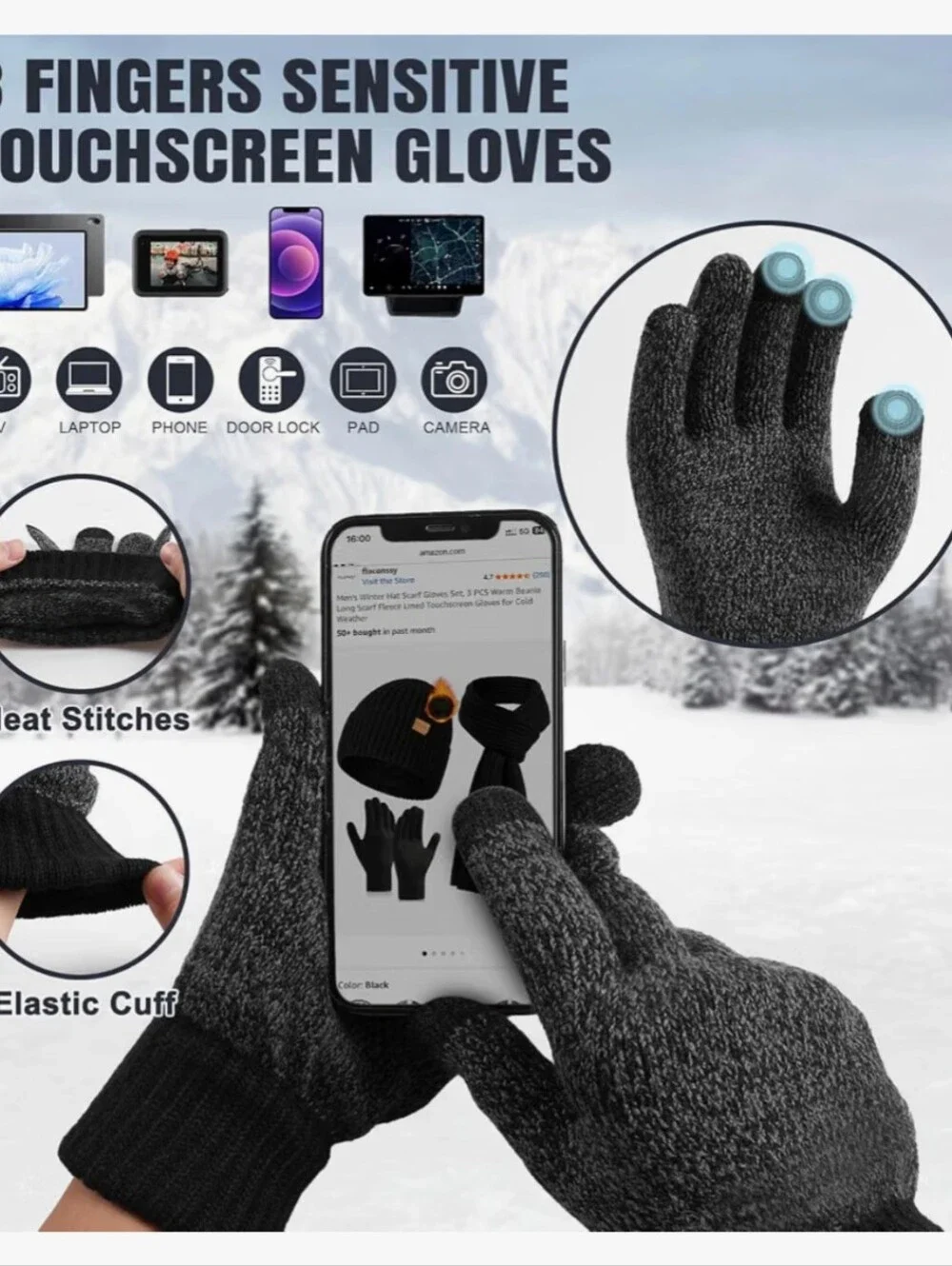 Men's Winter Hat Scarf Gloves Set of 3, Knit Thermal Combo Gifts